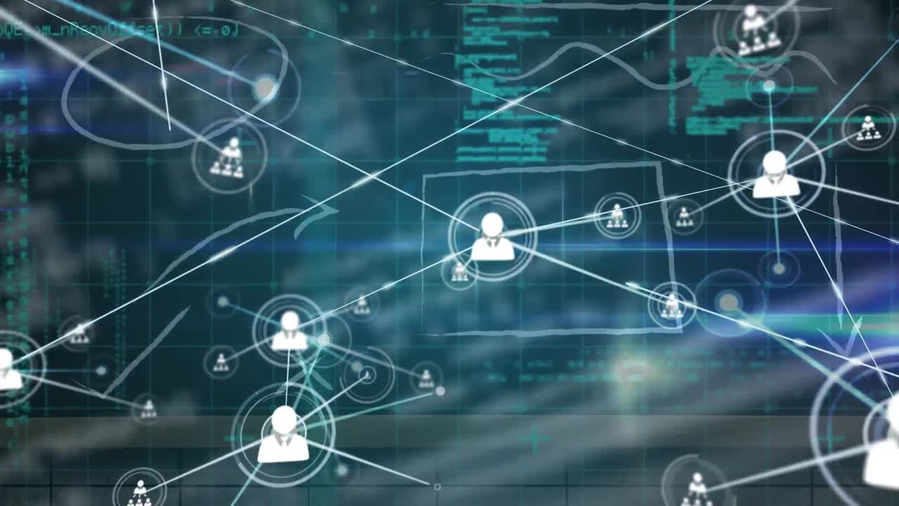 animación de la red de iconos de perfil y procesamiento de datos contra un fondo azul