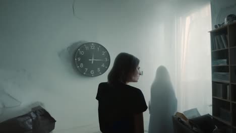 a woman stands in a foggy room with a clock on the wall, possibly haunted by a ghost