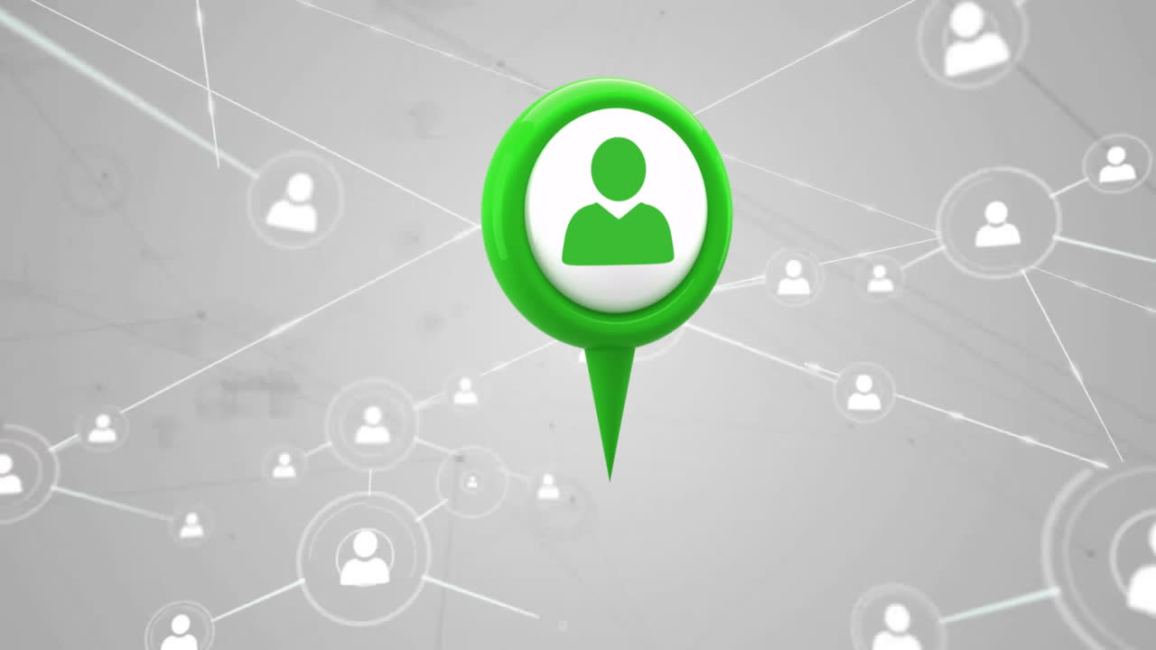 Animation of green location pin over network of user icons on gray background