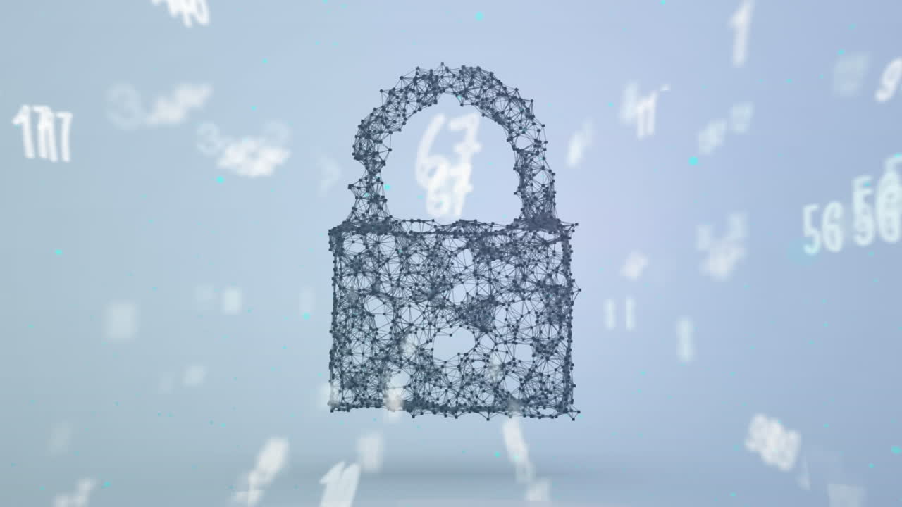 múltiples números cambiantes flotando sobre una red de conexiones que forman un candado de seguridad