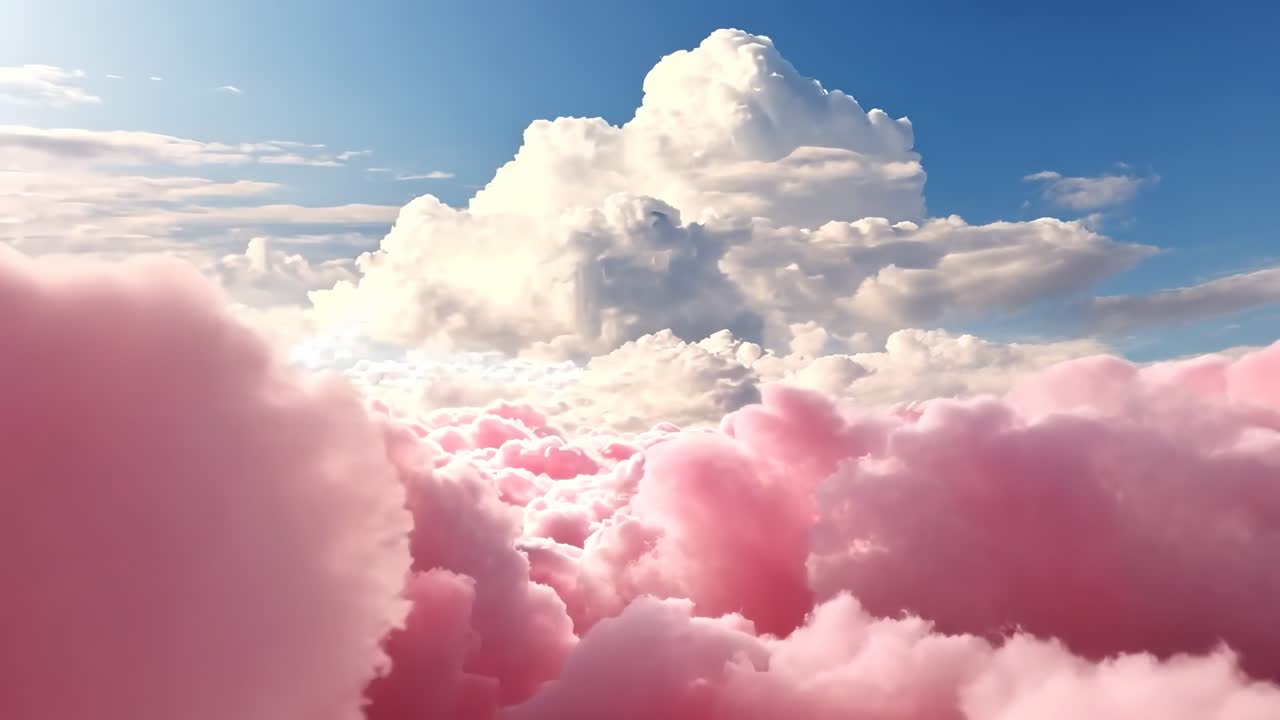 Surreal video scene of fluffy pink clouds against a blue sky, captured from a low angle