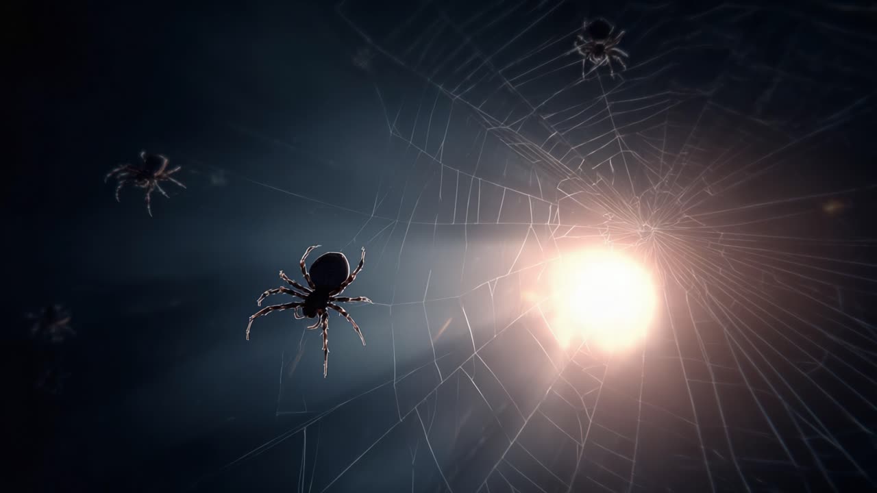 A Close Encounter with Spiders: Captivating Arachnids in Their Webs Illuminated by Soft Light Amidst a Dark and Mysterious Background