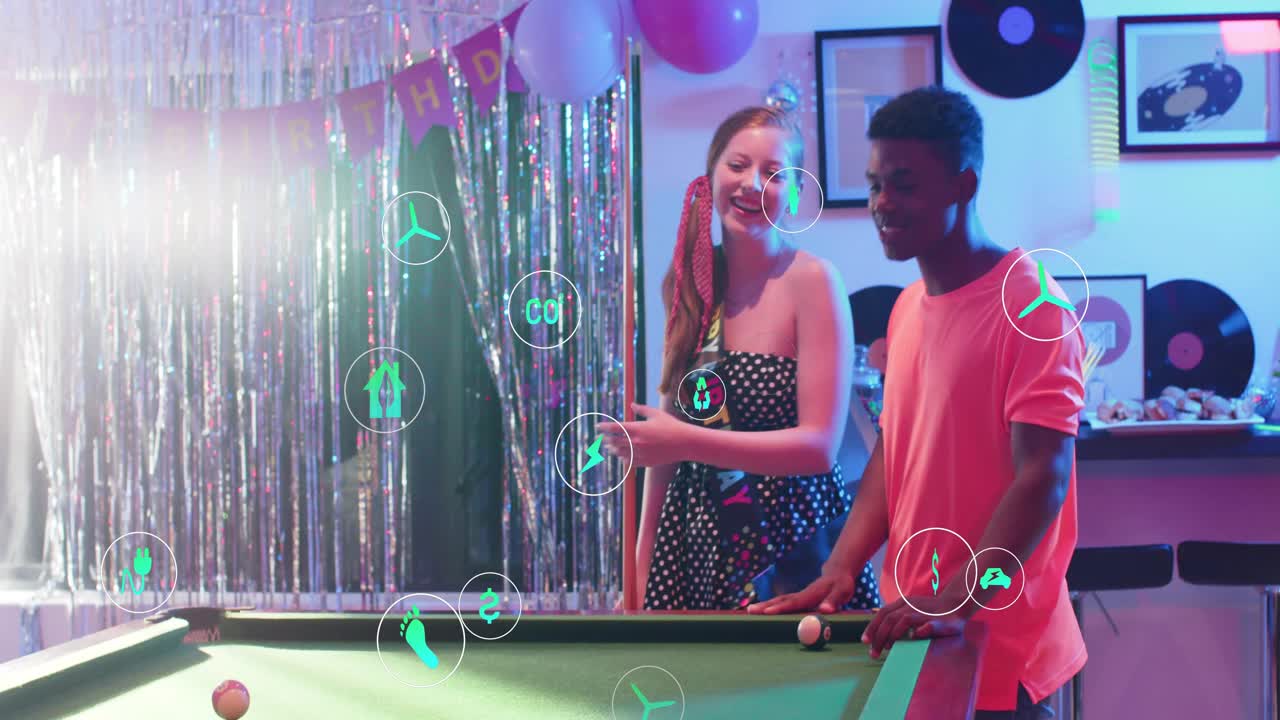 Ponytail guest tapping phone group posing at tinsel AR icons spreading to pool players for birthday