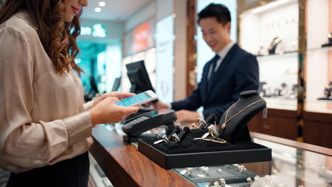 スマートフォンとギフトバッグを持った顧客が高級店で宝飾品を購入している様子。店内には指輪、ネックレス、時計のエレガントなディスプレイが並んでいます