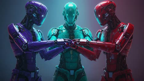 three futuristic robots in a captivating display of connectivity, exhibiting a fusion of colors and advanced technology as they engage in an intriguing interaction