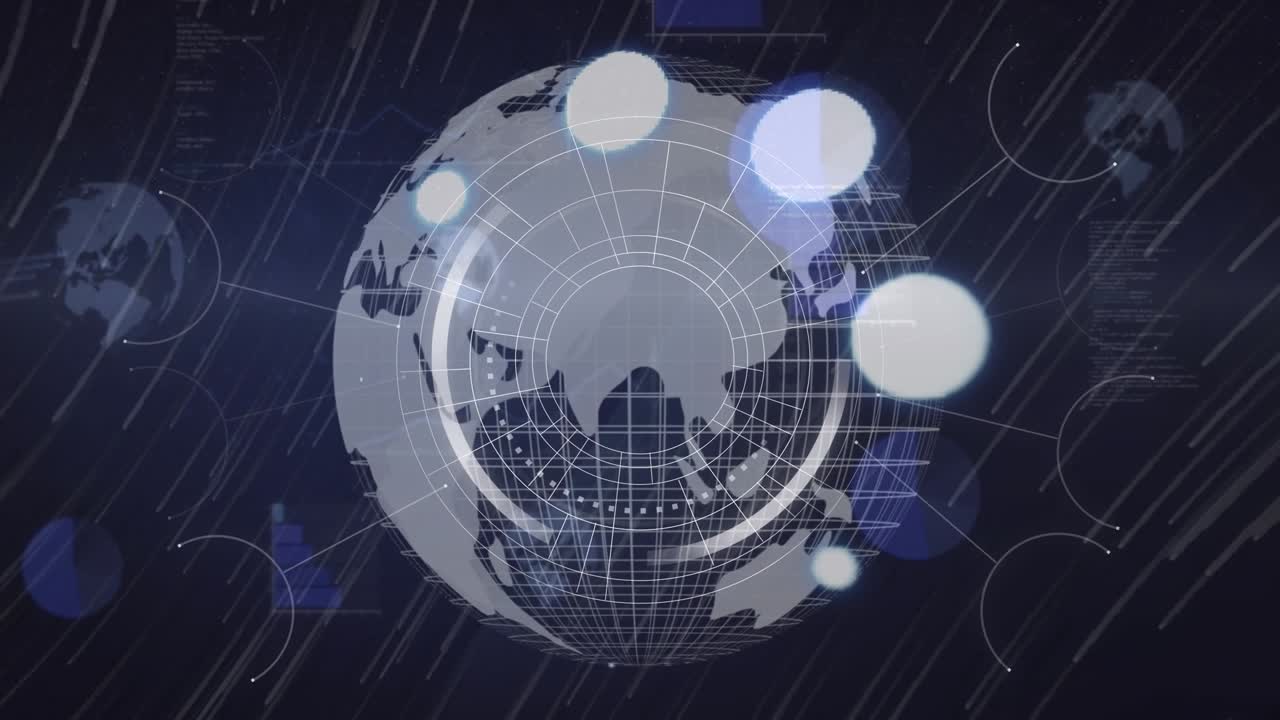 Animation of network of connections with scope scanning over data processing and globe