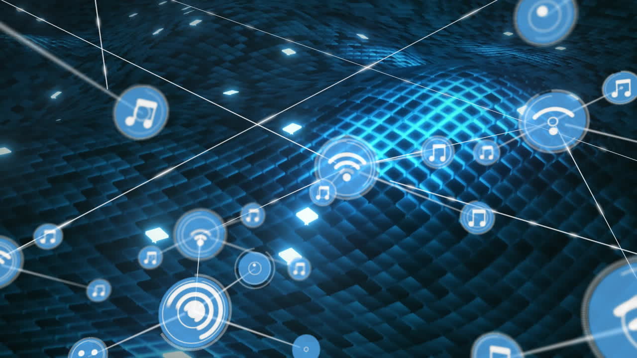 Animation of media icons over blue shapes moving