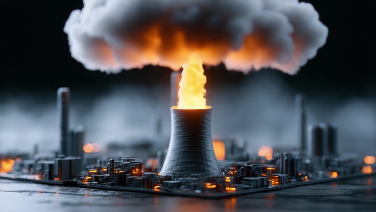 A Dramatic Display of Danger: A Nuclear Cooling Tower Erupts in Flames and Smoke, Signifying a Catastrophic Event in an Urban Landscape