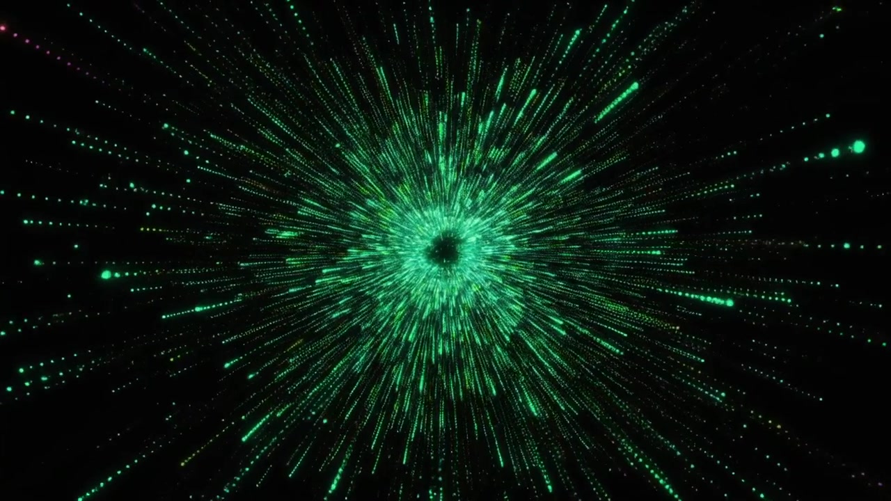 Abstract Green Particle Explosion Radiating Outward on Black Background
