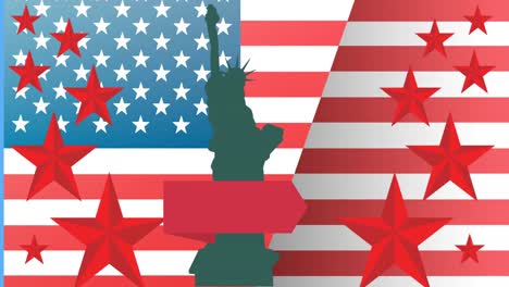 animation of green statue of liberty with copy space over red stars and american flag