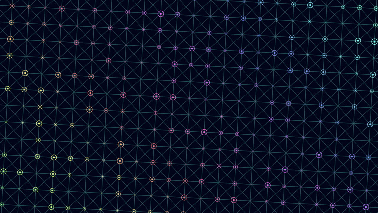 A colorful geometric grid composed of zigzagging lines and diagonal shapes in shades of blue, purple, green, and red, creating a visually pleasing abstract pattern