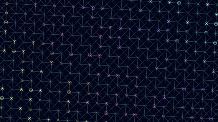 A colorful geometric grid composed of zigzagging lines and diagonal shapes in shades of blue, purple, green, and red, creating a visually pleasing abstract pattern