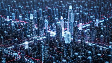 futuristic cityscape: an aerial view of a highly detailed, neon-lit urban environment, showcasing advanced architectural designs and dynamic light patterns