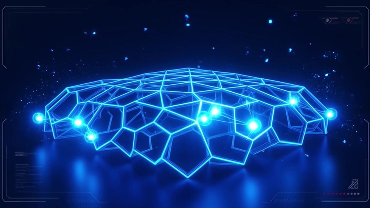 Glowing Blue Geometric Grid Structure with Floating Particles