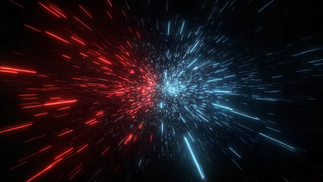 Visualizzazione dinamica di raggi di luce rossi e blu che si irradiano in direzioni opposte, creando un contrasto sorprendente e un effetto animato in uno spazio illimitato.