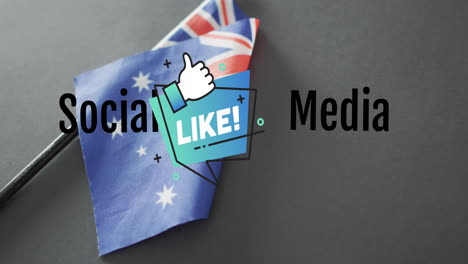 animation of social media text and like icon over flag of australia on dark background