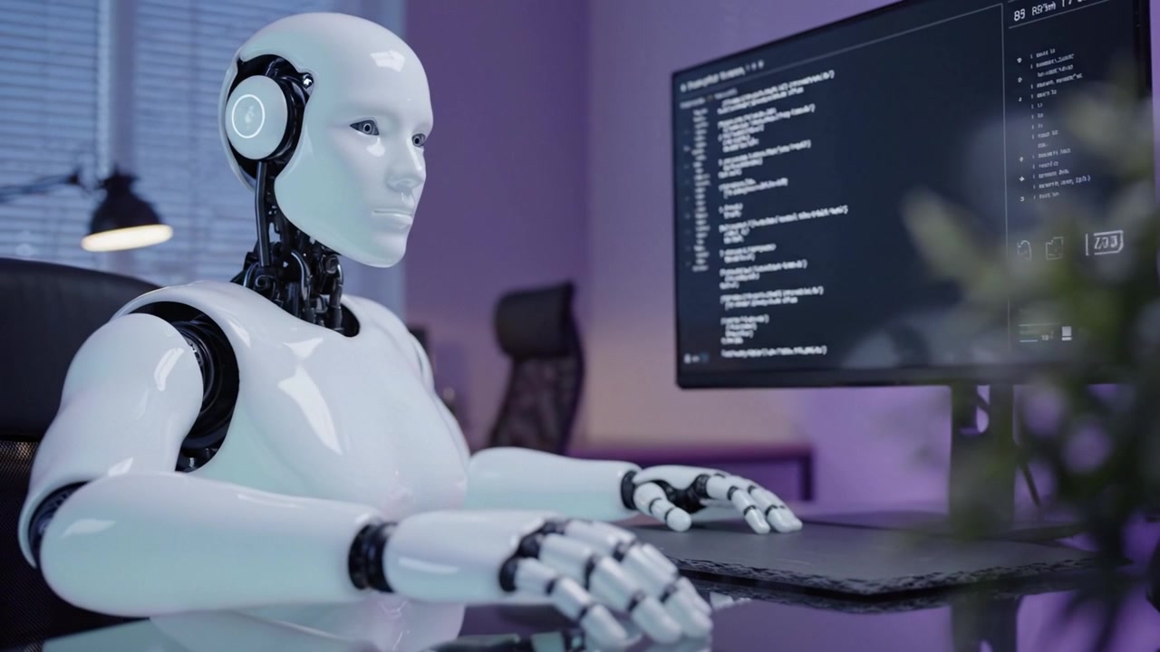 A futuristic robot interacting with a computer, showcasing advanced technology and AI capabilities while working in a modern office environment.