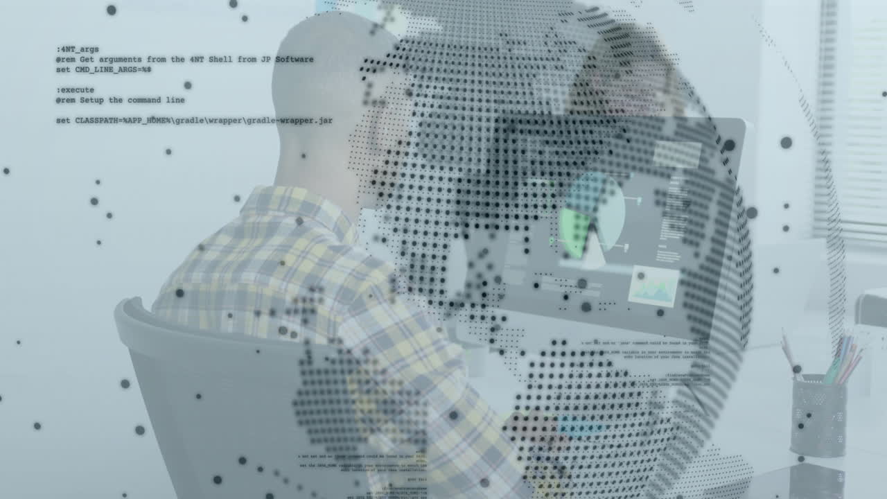 Man working at computer with digital globe and code overlay animation