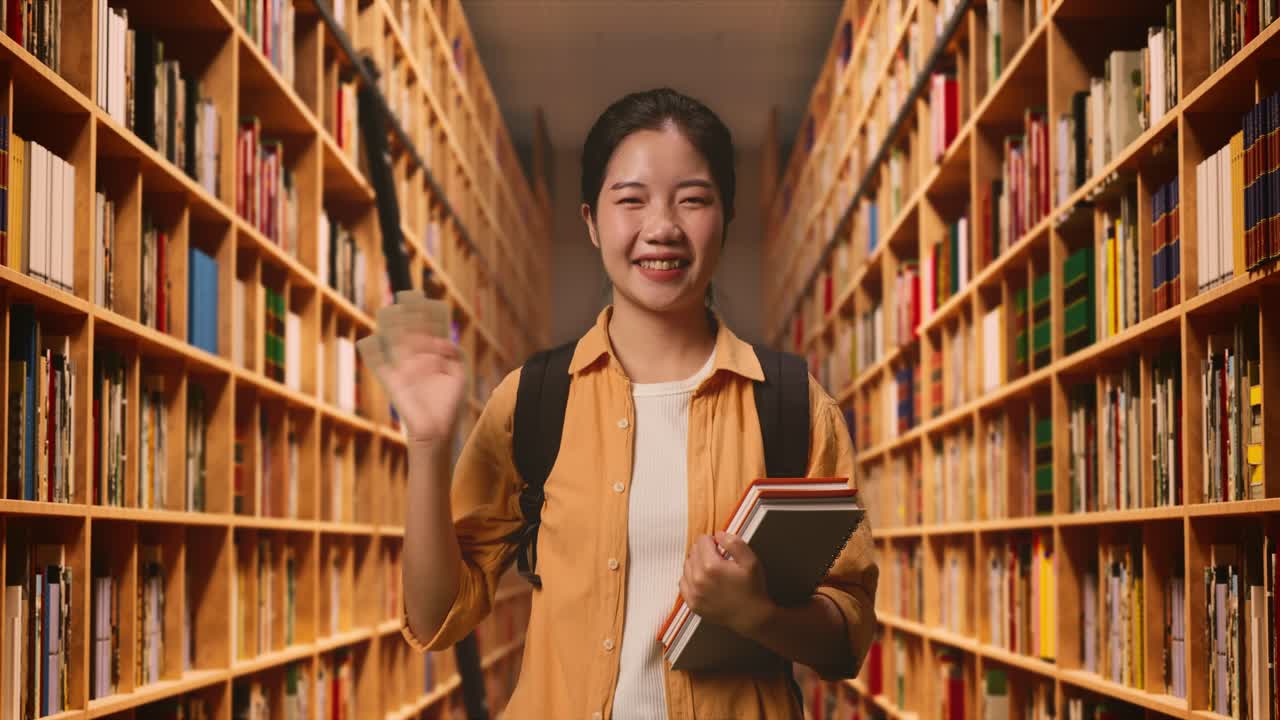 estudiante asiática con una mochila y algunos libros sonriendo y agitando la mano diciendo adiós mientras estaba de pie en la biblioteca