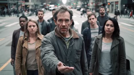 a group of determined individuals stands united in the middle of a city street, conveying a strong message of hope and resilience as they confront an uncertain future.