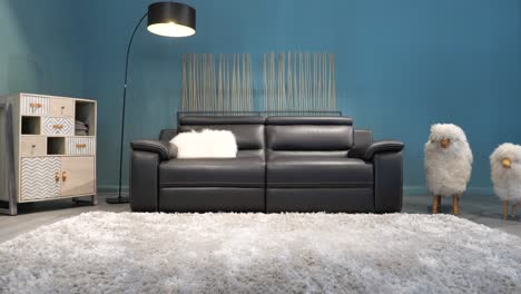 slow revealing shot of a modern living room with furniture and sheep