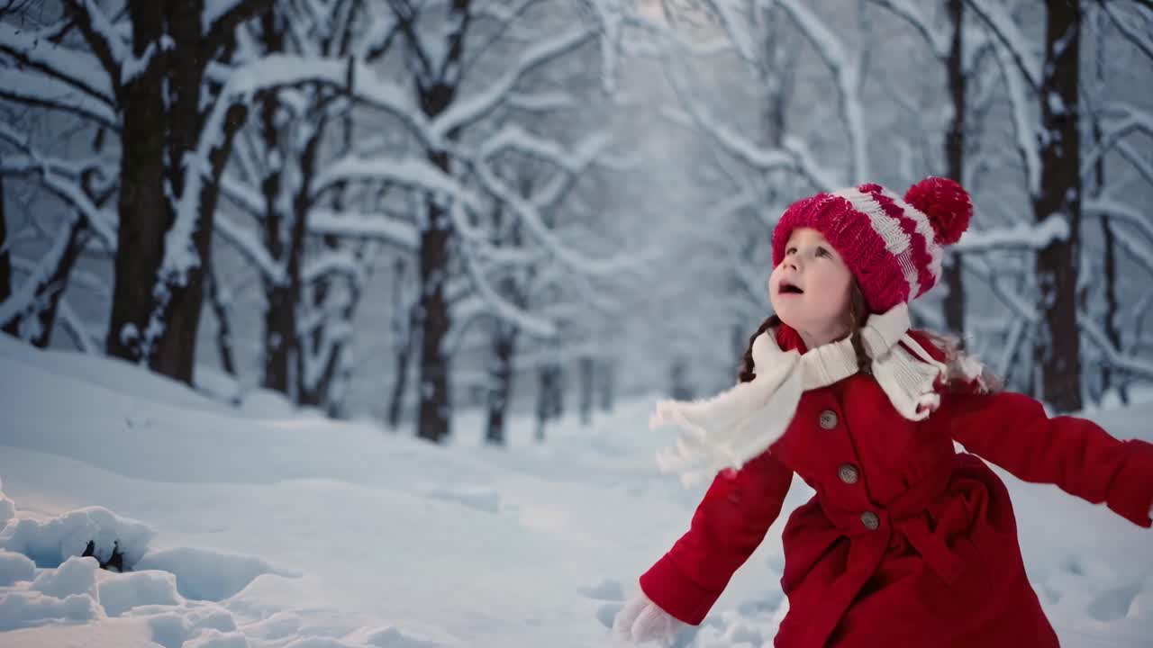 A child in a red coat and hat plays in a snowy forest. Low-angle shot captures joy and wonder