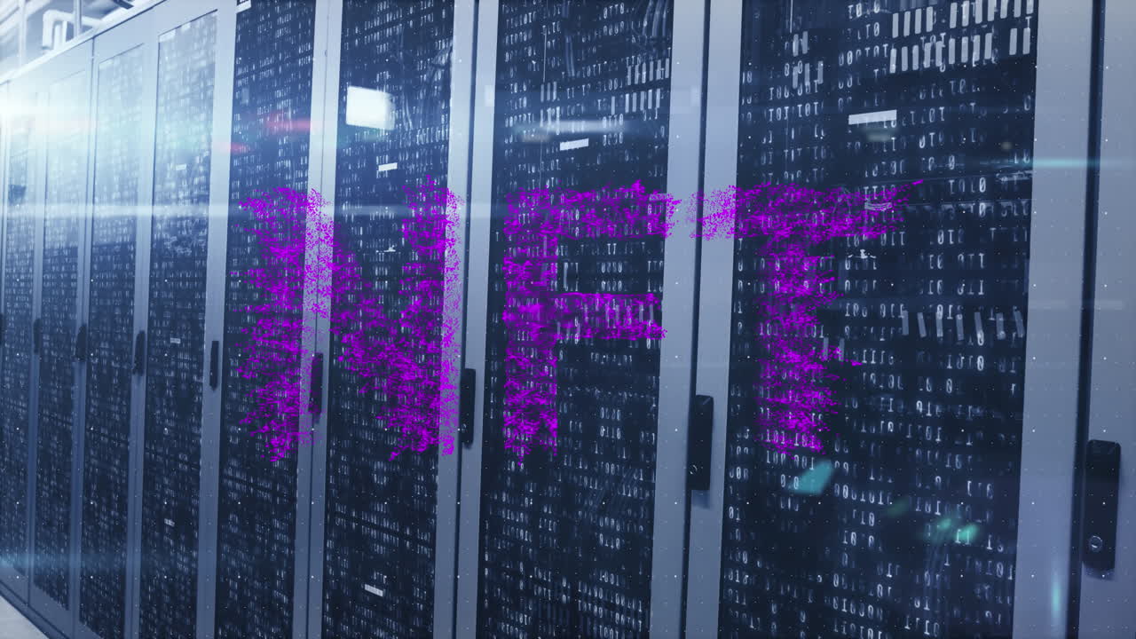 Animation of nft text banner, light spot and binary coding against computer server room