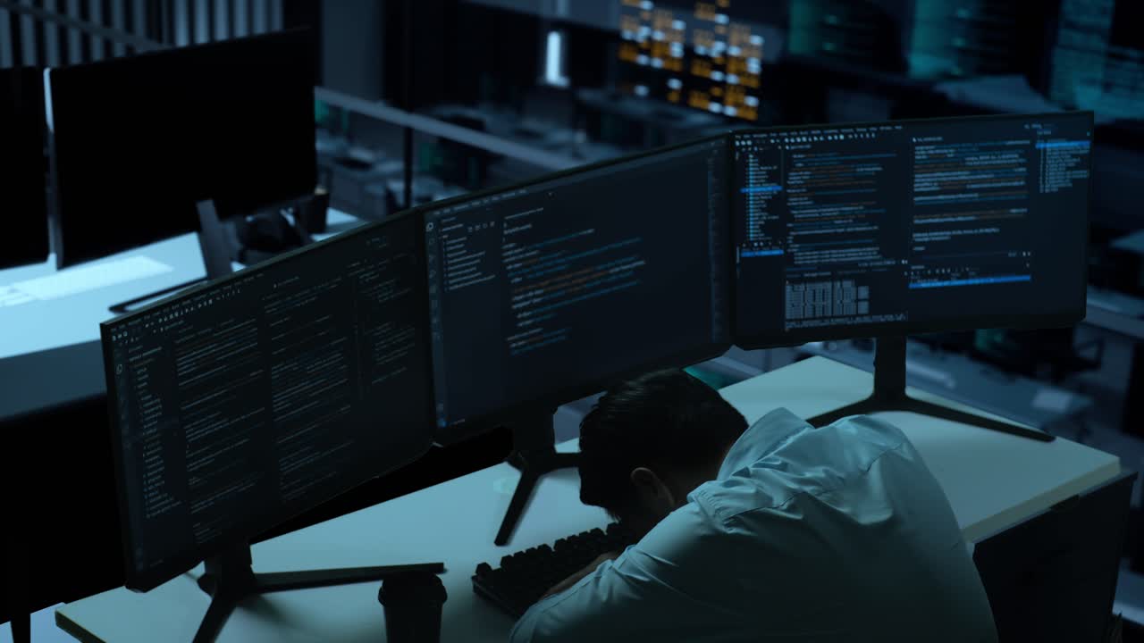 Side View Of Tired Asian Man Developer Yawning Before Sleeping While Write Code With Multiple Computer Screens In The Office