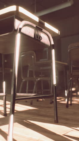 empty classroom with wooden desks and chairs