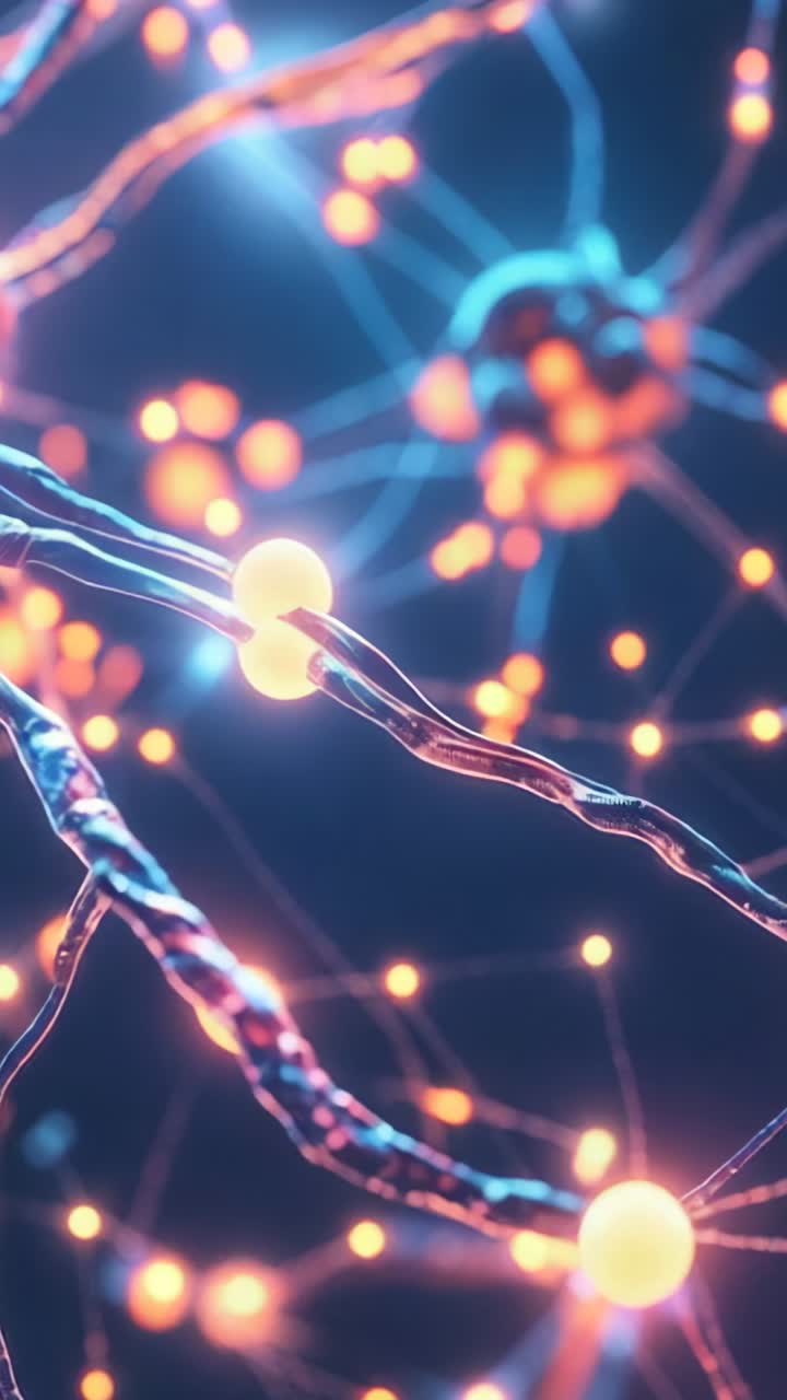 Vertical video: Pulsing orb driving impulse flow in neural simulation, with branched glowing fibers