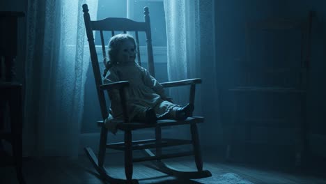 in a dimly lit room filled with an eerie atmosphere, a vintage doll sits motionless in a rocking chair, casting an unsettling presence that captivates the viewer's attention