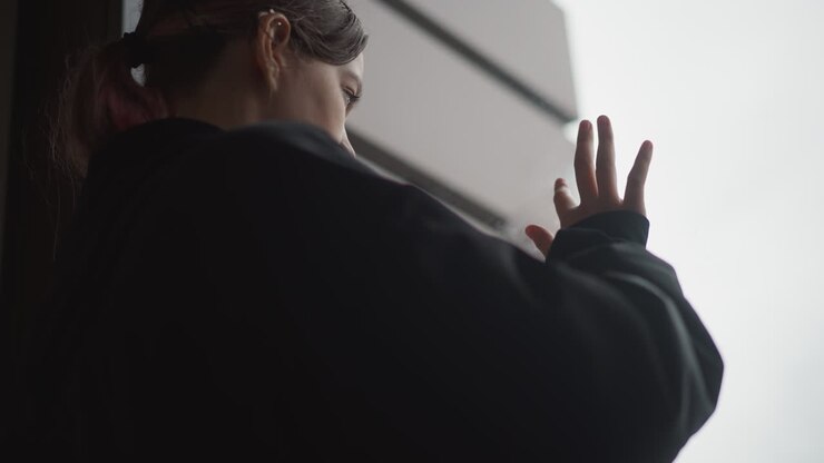 La ragazza saluta. Giovane donna con zaino guarda fuori. Silhouette di ragazza che osserva la pioggia dalla finestra con lo zaino. Ragazza che saluta mentre è in piedi davanti a una finestra appannata con il suo zaino sotto la pioggia.