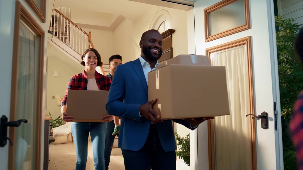 A smiling family enters a sunlit suburban foyer carrying cardboard boxes as a young girl leads the way; parents follow behind on a hardwood floor past potted