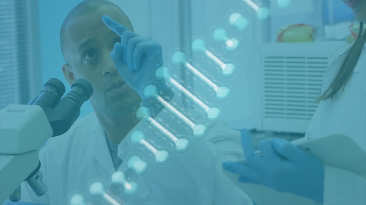 Animation of dna strand over biracial male scientist using microscope