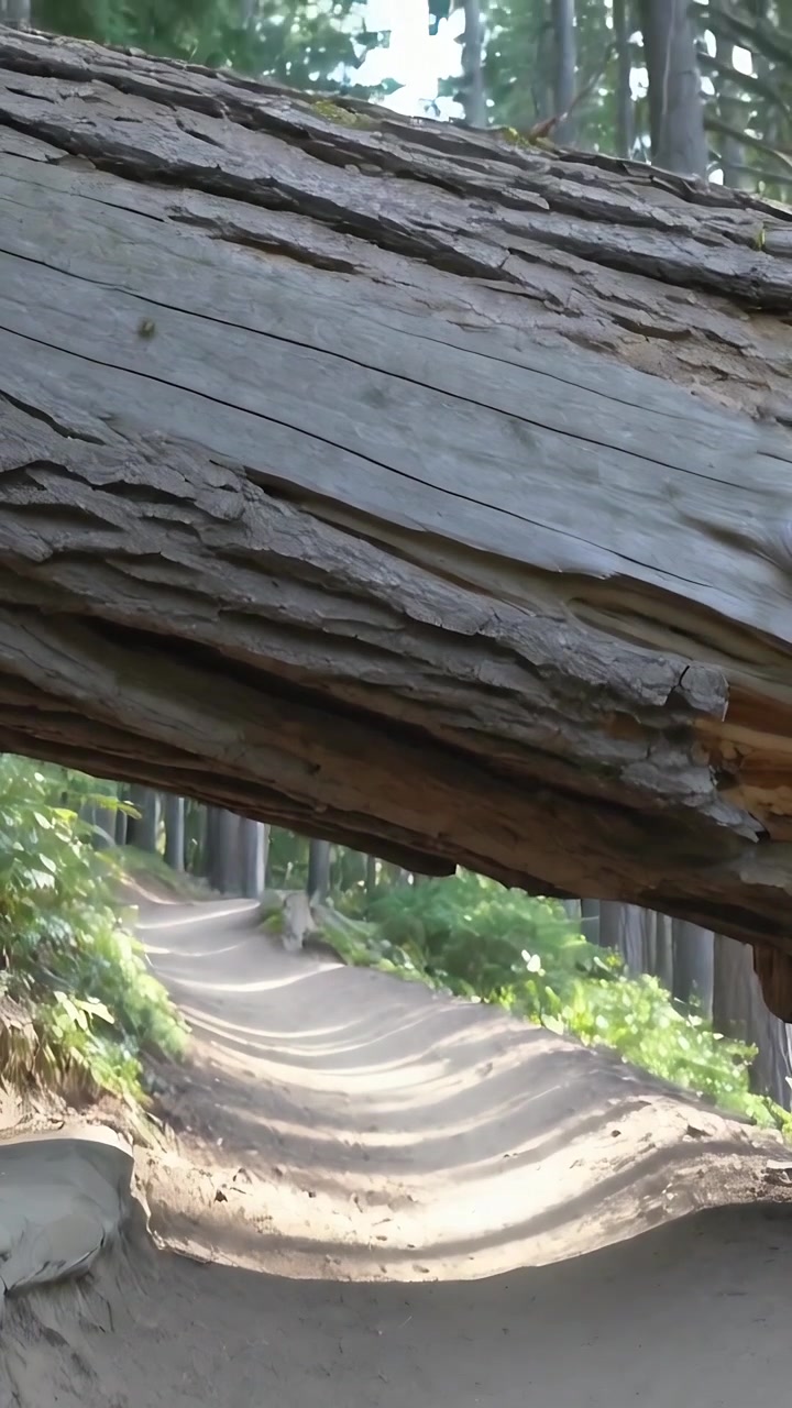 Vertical video: Moving camera starting along forest trail, with fallen trunk overhead and rollers