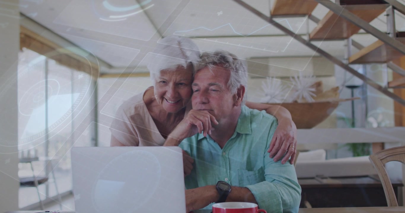 Senior woman approaching hugging man guiding to white laptop with moving arrows, man learning IT