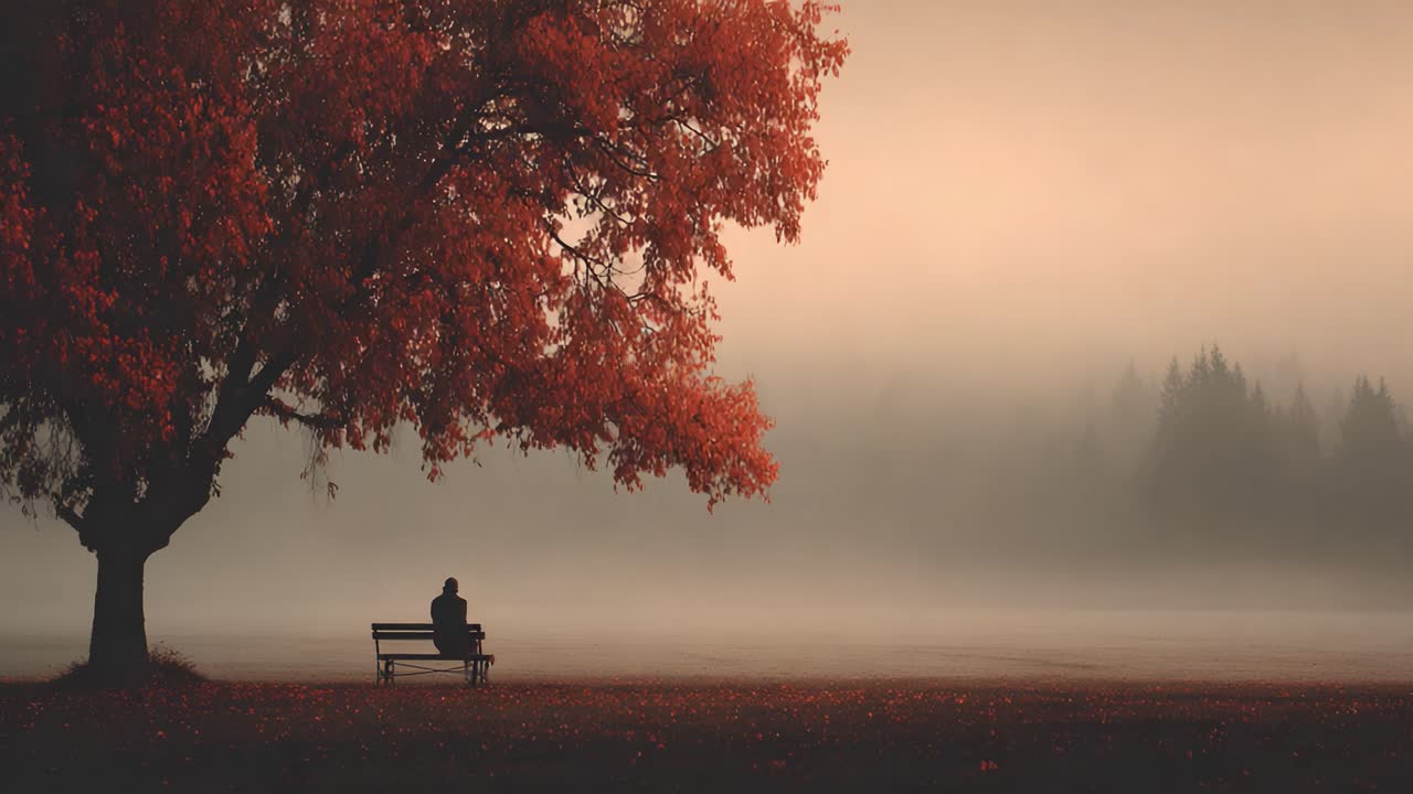 A Solitary Figure Contemplates Life Beneath a Majestic Amber Tree in a Misty Autumn Landscape, Embracing the Tranquility and Depth of Nature's Beauty