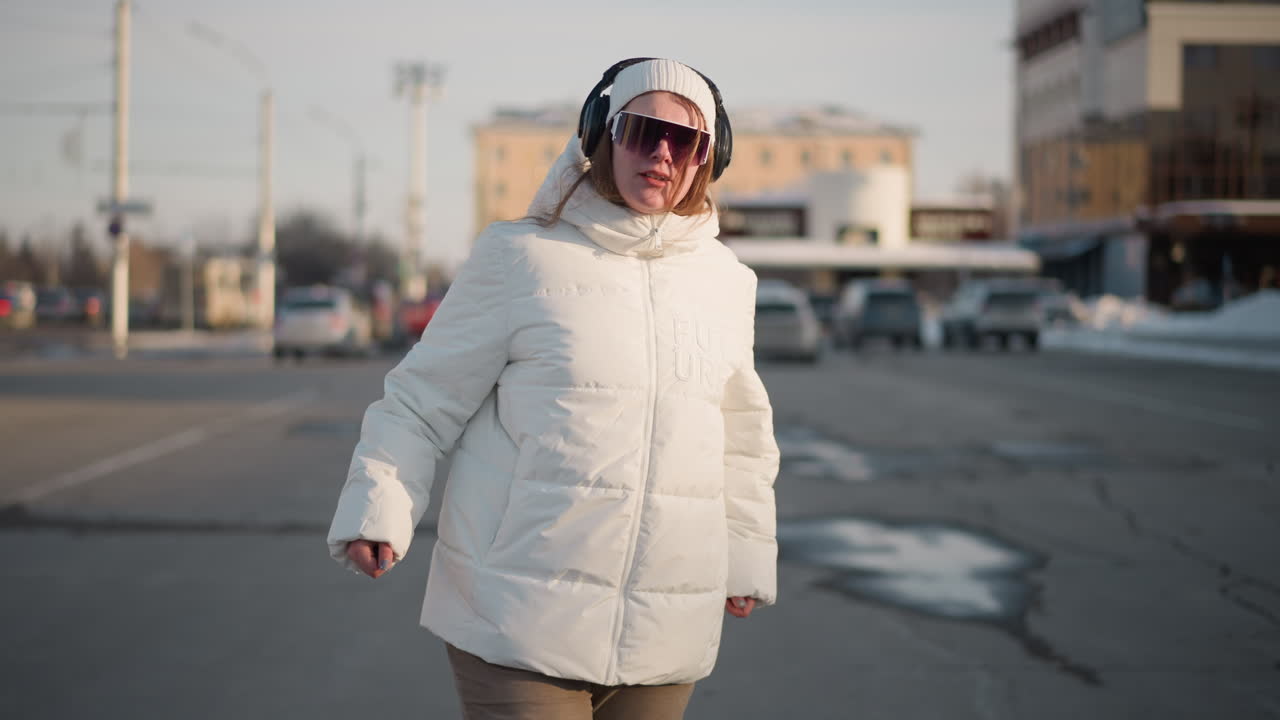 Choreographer in white jacket and sunglasses dances and sings on tiled road near parked and moving cars in open city car park, expressing joy with rhythmic movements on cold winter afternoon