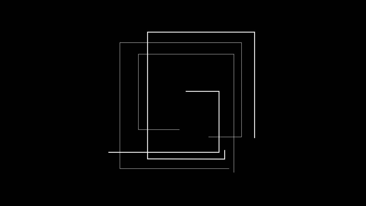 Geometric composition of lines and squares on black background