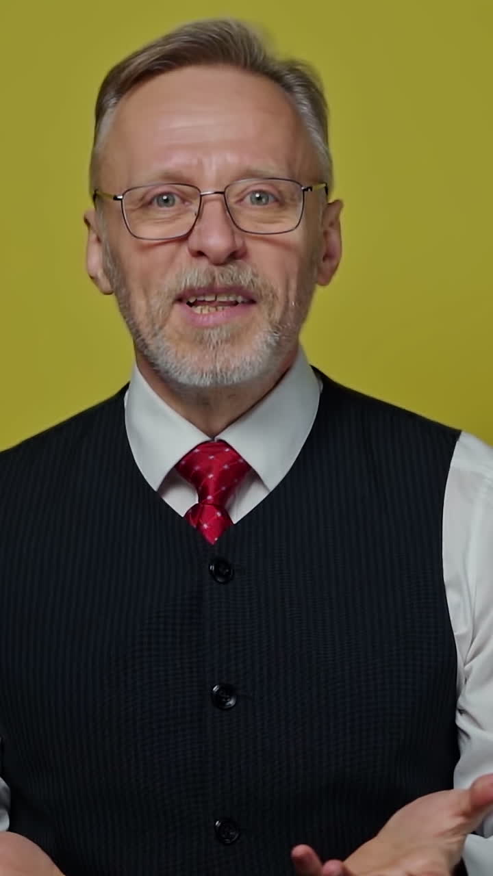 Portrait of smiling mature man in glasses. Happy senior grey-haired man in white shirt and tie looks at camera and talk in studio. Vertical video