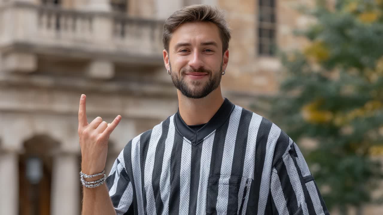 A Confident Young Man in a Striped Shirt Makes a 'Rock On' Gesture Outdoors, Exuding a Cool and Playful Vibe with a Natural Backdrop