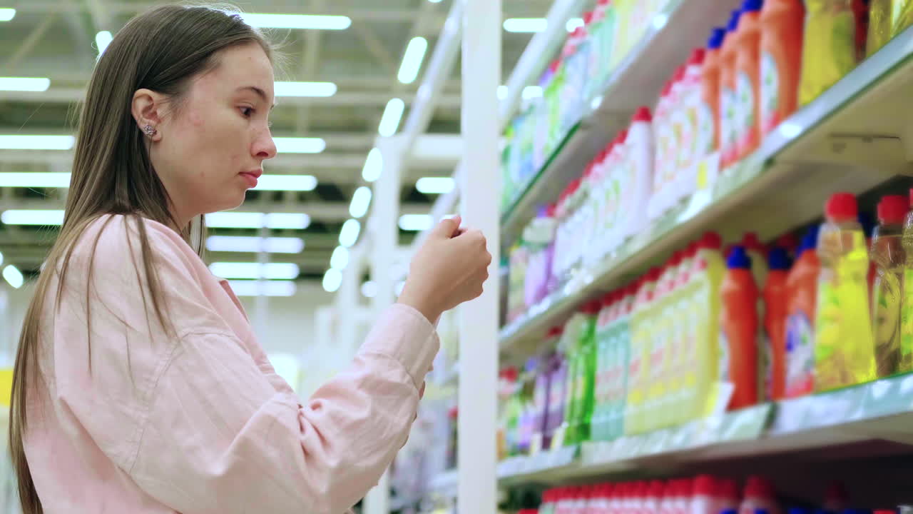 슈퍼마켓 에서 청소 용품 을 구입 하는 여자