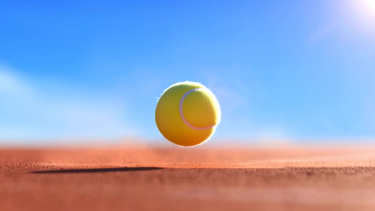 Yellow tennis ball moves through air and settles onto reddish court dust, showing bounce progression, scattered particles, clear shadows, low viewpoint, and sunny outdoor setting with blue sky.