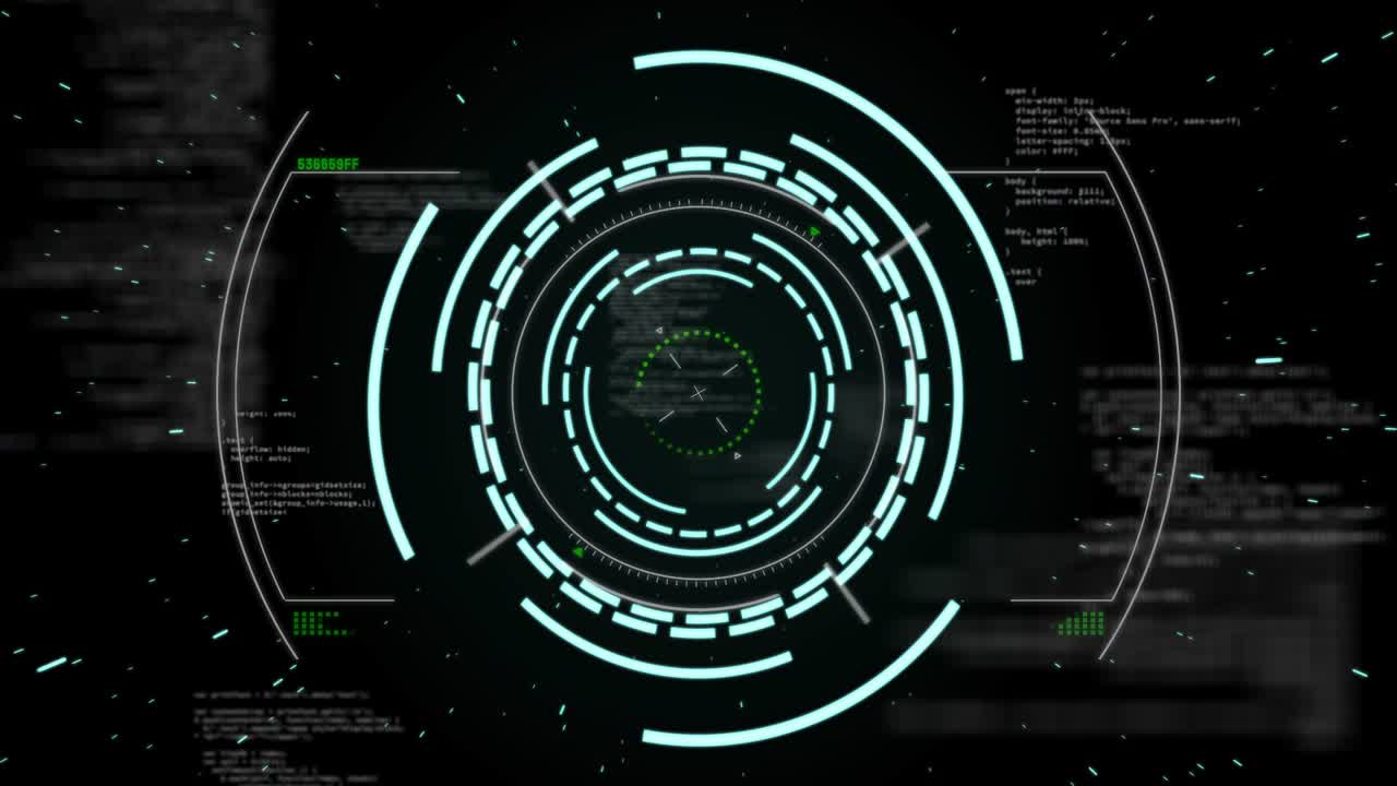 Central HUD activating, cyan rings appearing, rotating, scanning while green arc pulsing for lock