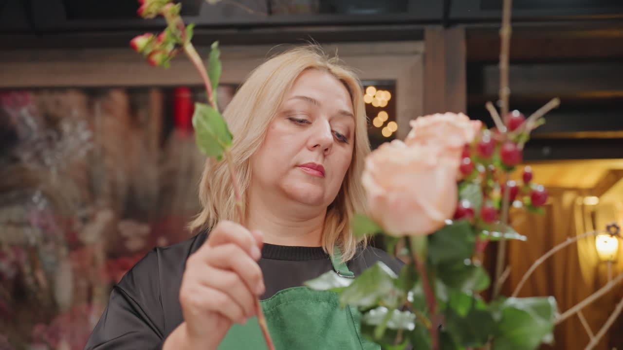 Fiorista che ispeziona un bocciolo di rosa, in boutique. Attenta valutazione della lunghezza dello stelo, sottili aggiustamenti alla disposizione dei petali, illuminazione soffusa simile a quella di una candela, espressione concentrata, selezionando elementi complementari
