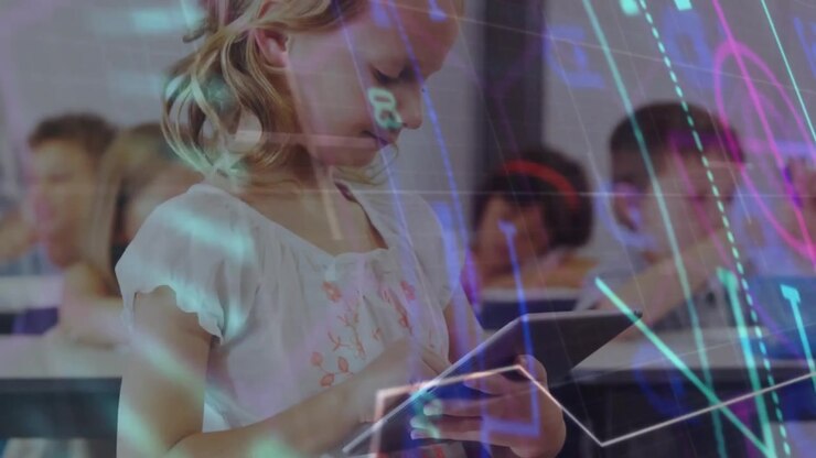 Schoolgirl holding tablet while tapping screen, neon circuitry overlay fading revealing classroom