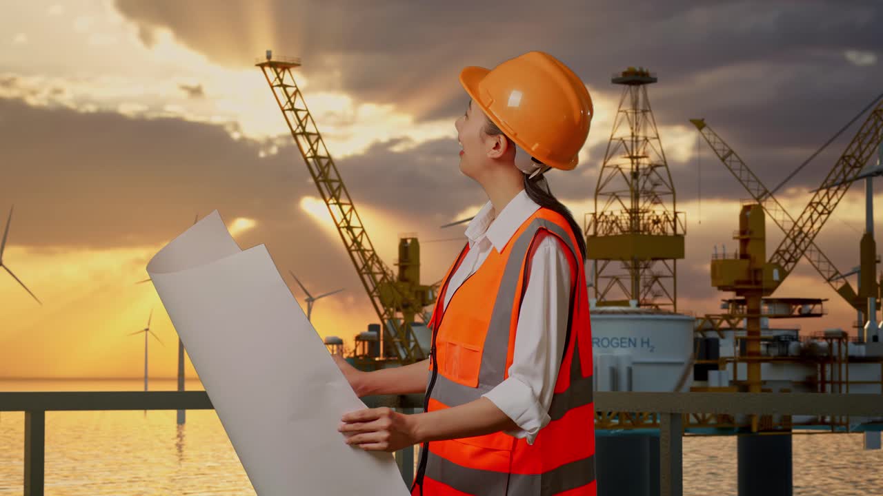 женщина-инженер, рассматривающая планы морской ветряной электростанции и нефтяной платформы