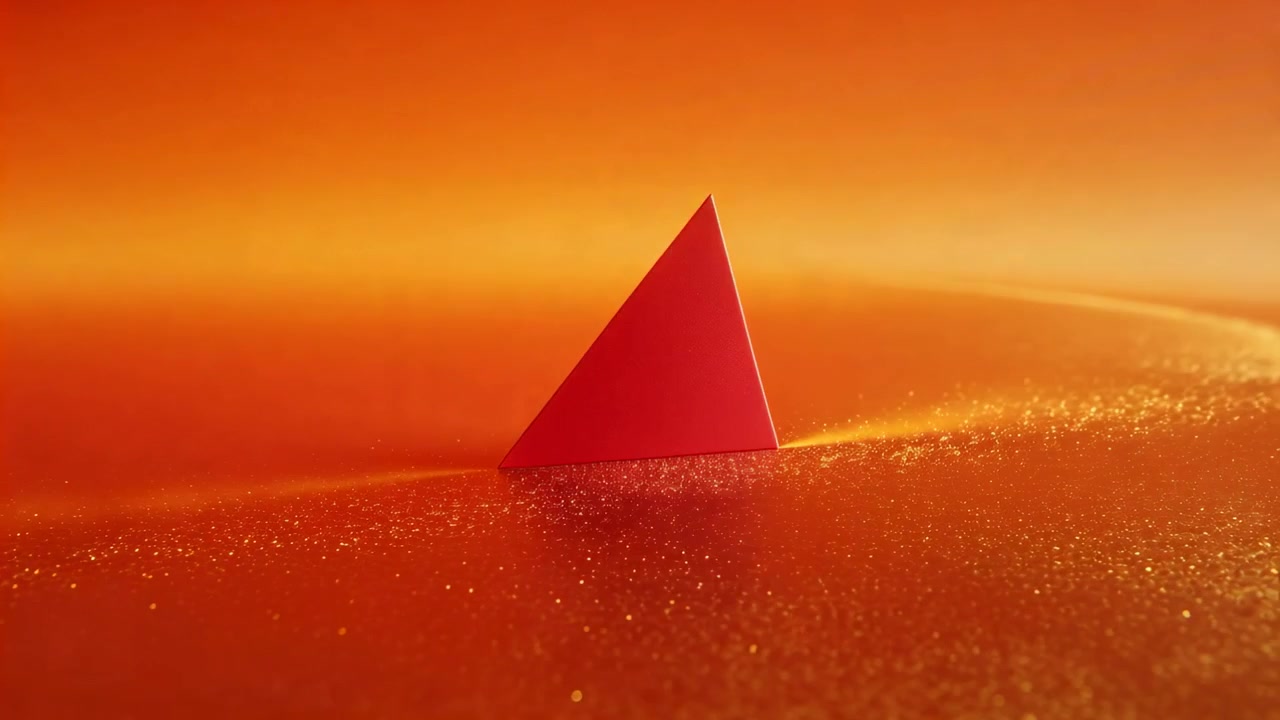 Emerging triangular fin rotating and gliding across orange-gold plane, leaving luminous wake