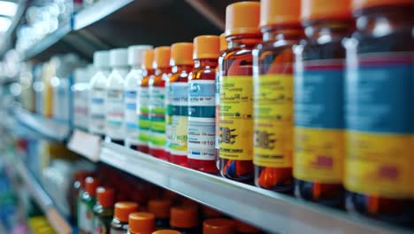 pharmacy shelves with medicine bottles