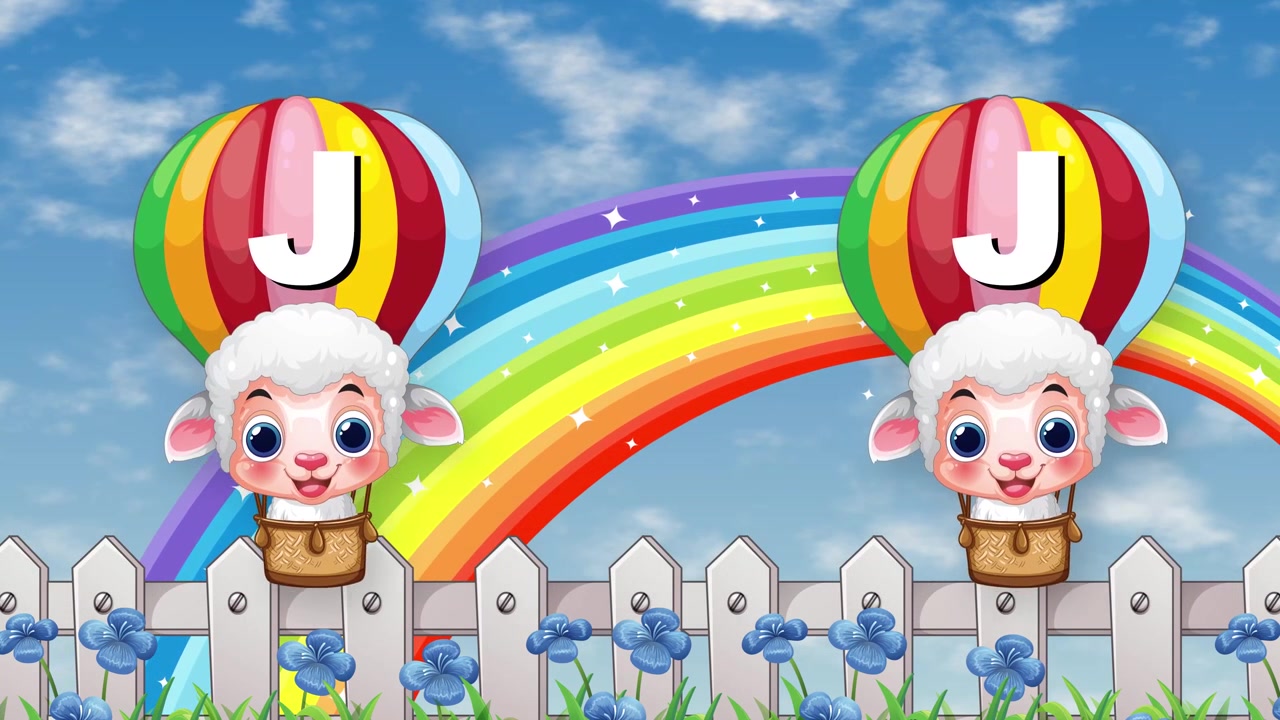 Simpatiche pecorelle animate in mongolfiere colorate fluttuano attraverso un arcobaleno luminoso e il cielo.